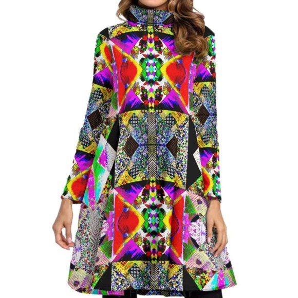 Conceptual Subculture Dresses & Skirts - Baroque Patchwork Mandala Dress Long Sleeve Quilted Swing Statement Turtle Neck